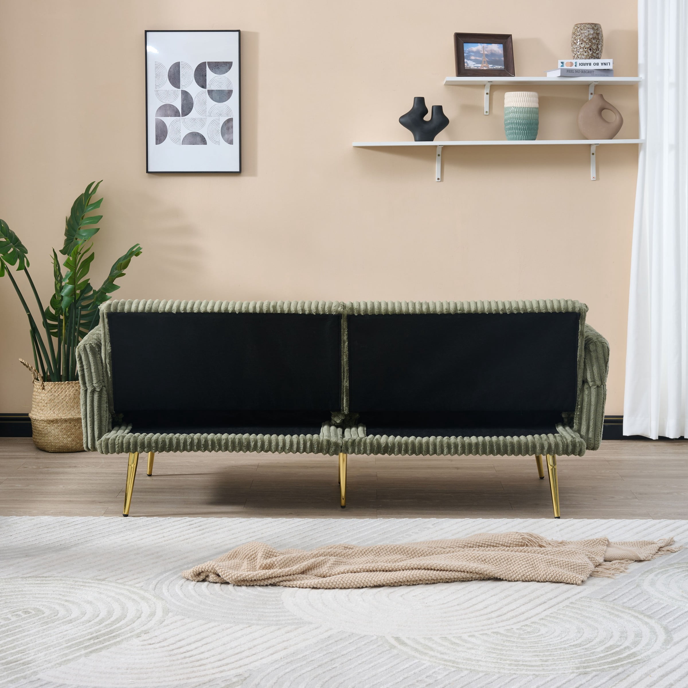 Jopath 79 inch Modern Convertible Sofa Bed,Corduroy Upholstered Futon Couch with Adjustable Armrests for Small Spaces,Living Room,Green02