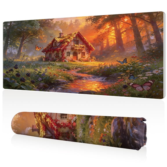 LIVEKEY Mouse Pad Ultra Large 80x40x0.3cm Full Desk Coverage Sunlit Forest Cottage and Stream Art Design for Gaming and Office