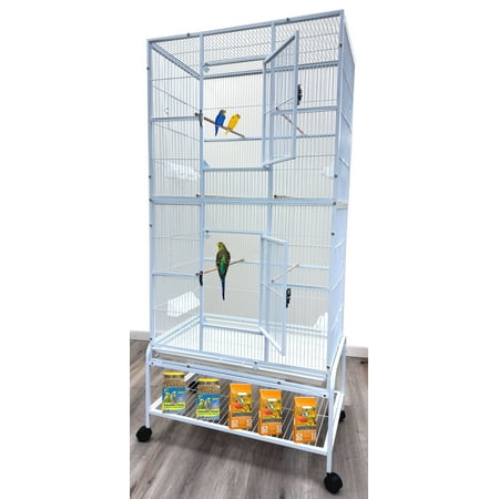 Extra Large Bird Parrot Flight Breeding Cage Side Nesting Door 1/2-Inch Bar Spacing Double Feeder Cup with Removable Rolling Stand