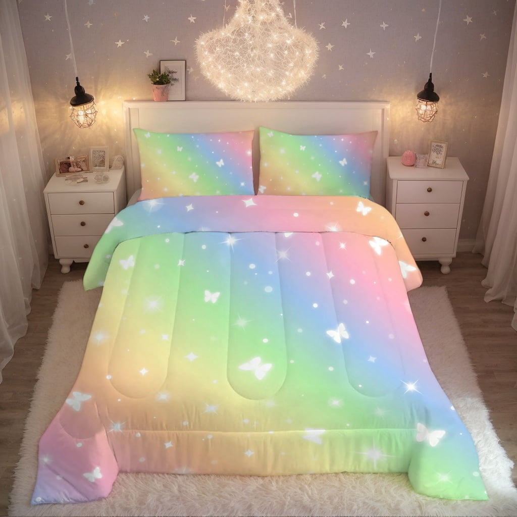 Psoiuetr Gradient Butterfly Glitter Bedding Set for Kids Girls Teens Twin Size Galaxy Rainbow Comforter Set Pink 3Pcs