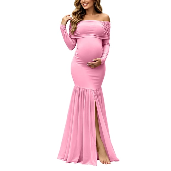 ShomPort Maternity Photography Dress Bodycon Off The Shoulder Ruched Slit Mesh Patchwork Maxi Gown Baby Shower Dress