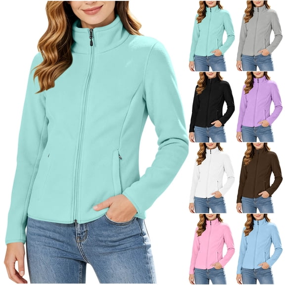 Microfleece Full Zip-Up Jackets For Women Fall Winter Collared Long Sleeve Warm Casual Basic Coats With Pockets S-XXL