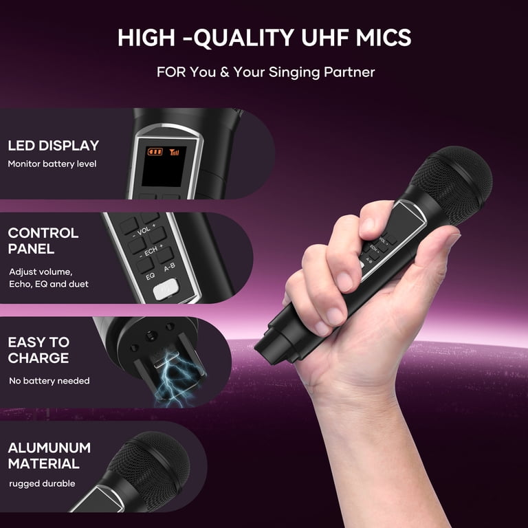 BIGASUO Karaoke Machine, Portable Bluetooth with 2 UHF Microphones