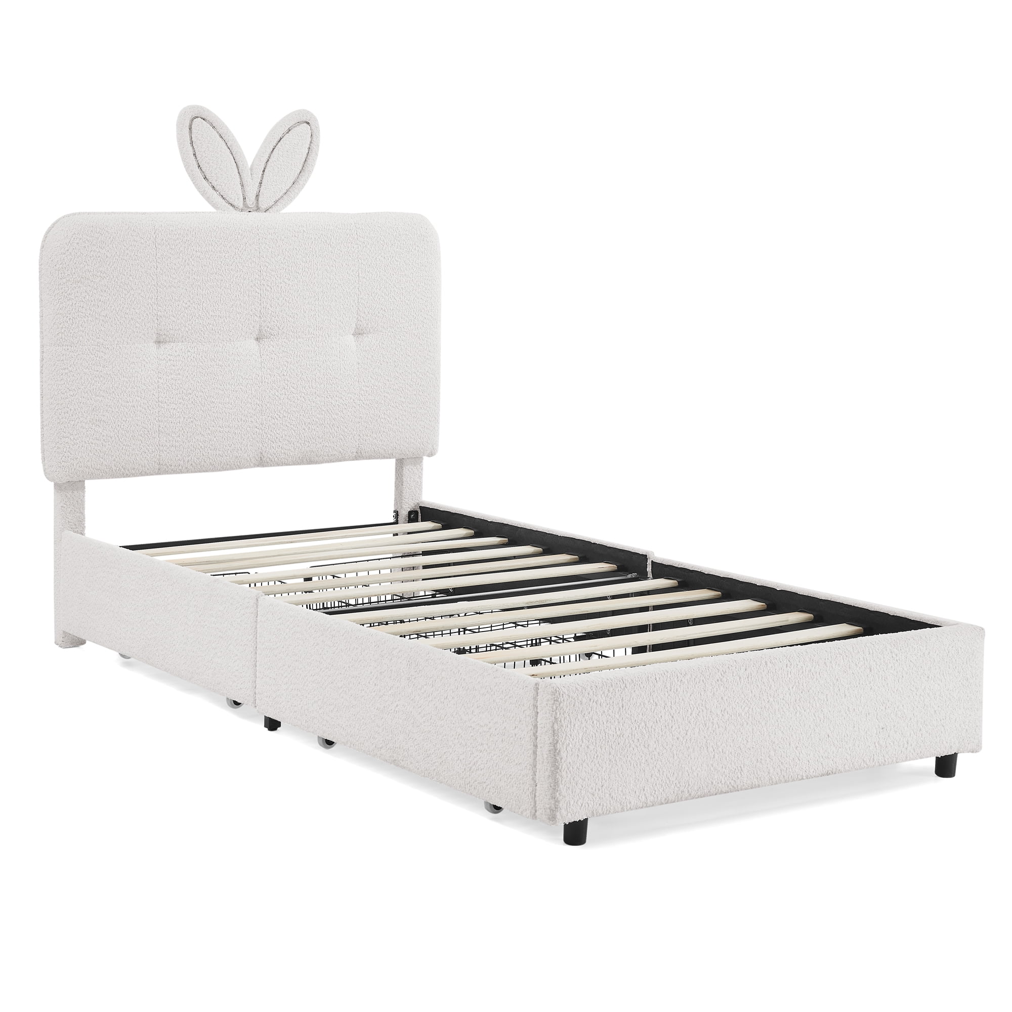 T-Joy Cute Upholstered Kids Bed with 4 Storage Drawers, Boucle Wooden Platform Bed with Rabbit Ear LED Light, Twin Size, Beige