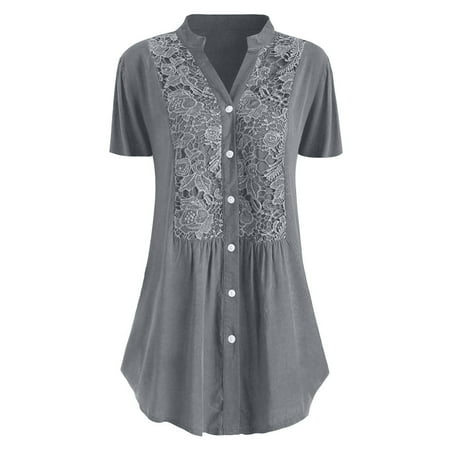 Okbop Babydoll Tops for Women Fashion Casual Plus Size Lace Solid Short Sleeves V-Neck Shirt Tops Silk Blouse for Women Polo Shirts for Women