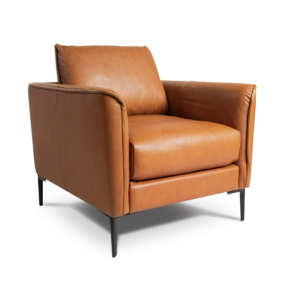 Valencia Jasper Fauteuil d'Appoint en Cuir / Cuir Nappa Italien Pur Pleine Fleur, Cadre en Bois Massif et Pattes en Acier, Coussins à Dossier en Tissu, Cognac