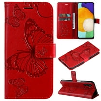 SaniMore for Samsung Galaxy A34 5G Magnetic Flip Wallet Case, [RFID Blocking] Card Holder PU Leather 3D Butterfly Embossing Cover with Kickstand & Wrist Strap Shockproof Protective Shell, Red