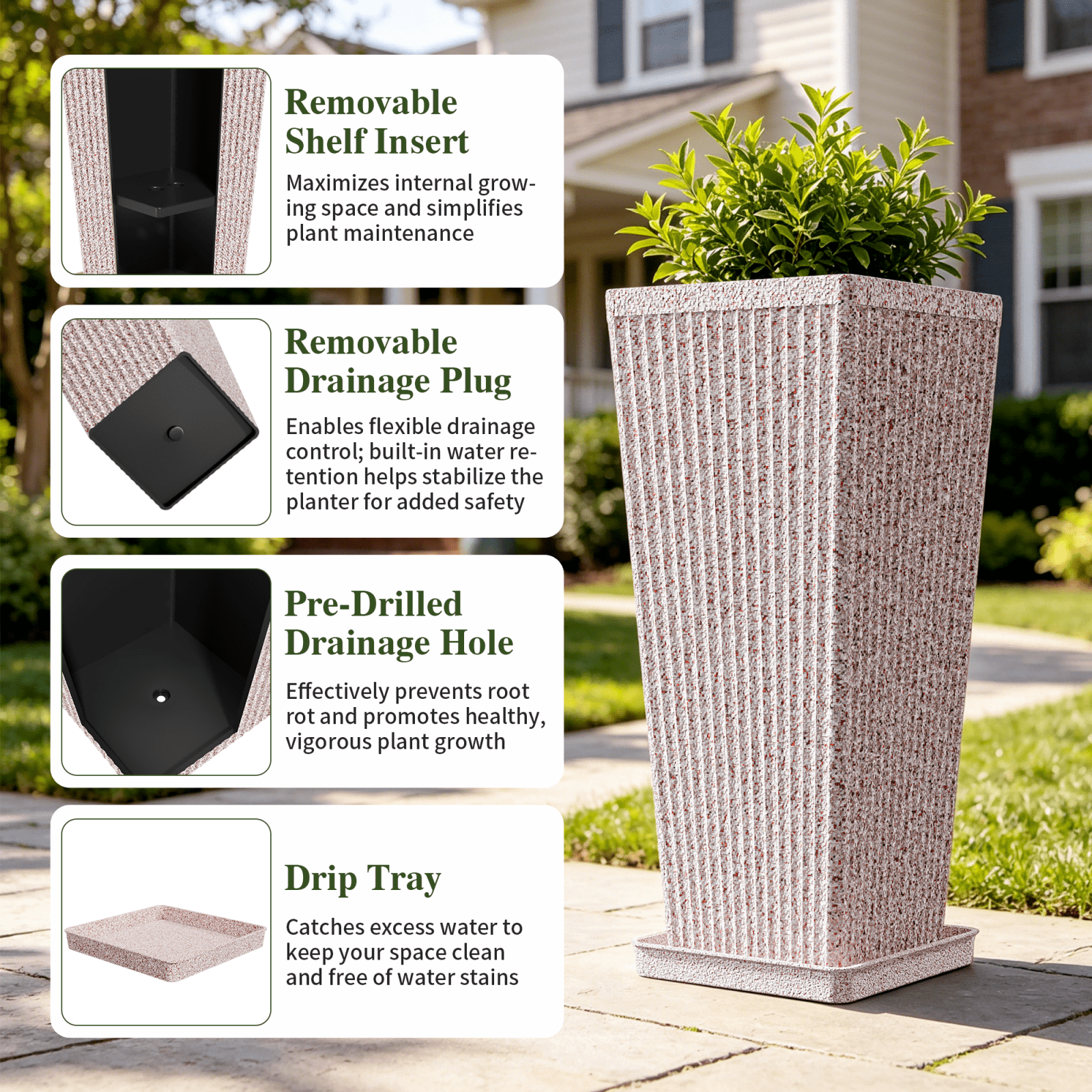 TOPCOMFY Tall Planters for Outdoor Plants Set of 2, 23.6" Modern Tapered Indoor Flower Pots with Drainage Holes/Partition/Tray for Porch Patio Garden, Brown