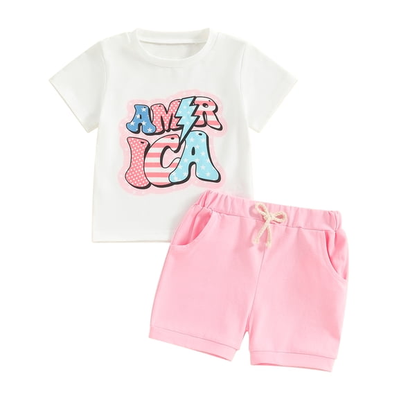 Aojekbee Baby Girls 4th of July Outfit Letter Print Short Sleeve T-Shirt and Elastic Shorts Set Cute Summer 2 Piece Clothes