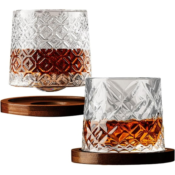 Whiskey Glasses Set of 2:Crystal Whiskey Glasses with Coasters,360° Rotatable Old Fashioned Glasses,Tumbler Crystal Glasses Drinking Set for Scotch,Bourbon,Cocktails