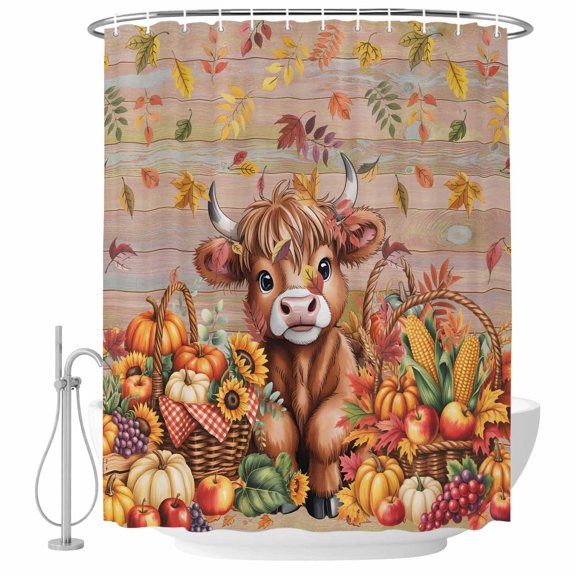 Thanksgiving Cattle Shower Curtain, Waterproof Shower Curtains for Bathroom, Fall Harvest Pumpkin Leaves Brown Wood Washable Fabric Bathtub Curtain Set Bath Decor with 12 Hooks Extra Long 72"x96"