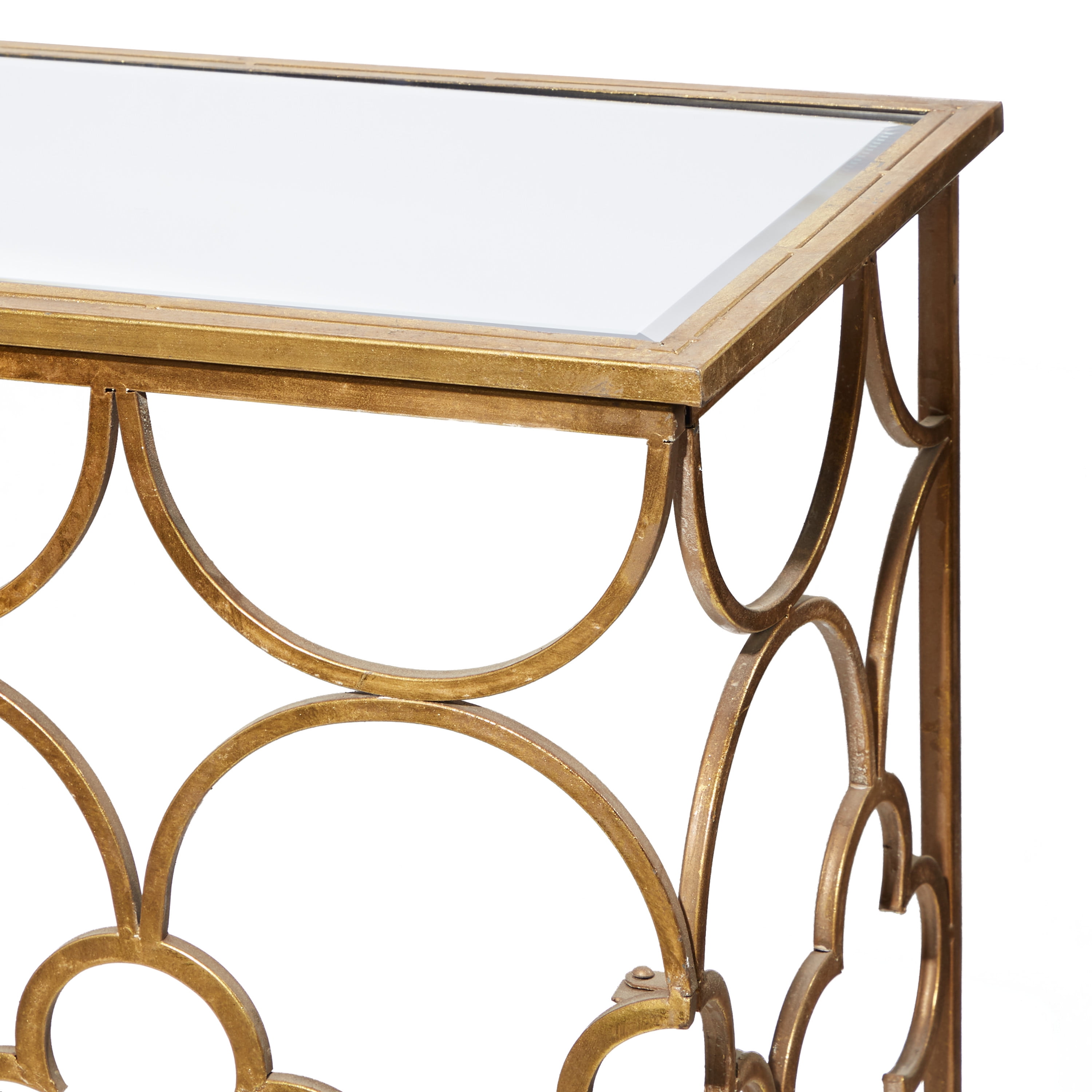 DecMode 49 x 31 Gold Metal Quatrefoil Design Geometric Console Table with  Mirrored Glass Top, 1-Piece 