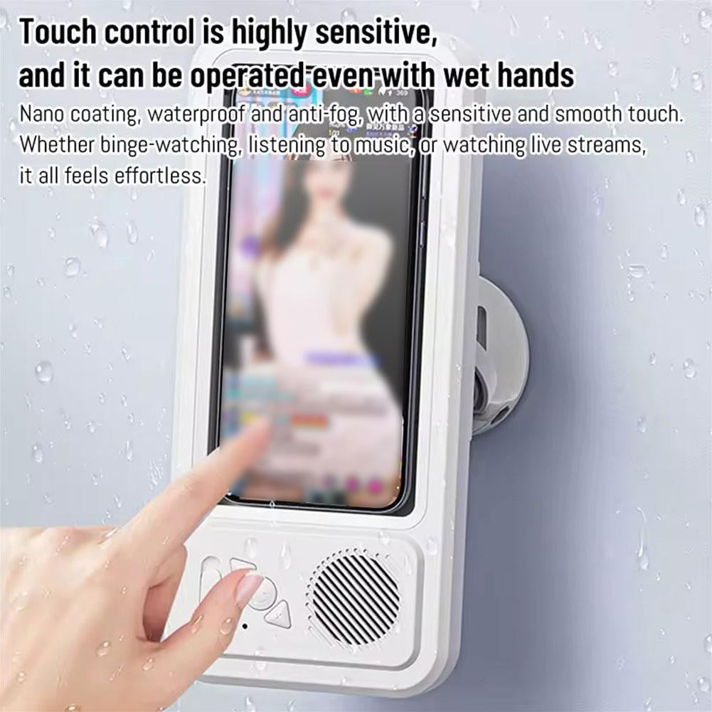 Waterproof Phone Case with Built-in Speaker, Anti-Fog Shower Phone Holder Stand with Wireless Bluetooth Speaker for Bathroom Bathtub Kitchen Wall Mirror