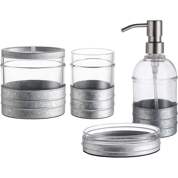 4PCs Heavy Weight Decent Blue Glass Bathroom Accessories Set with Decorative Pressed Pattern - Includes Hand Soap Dispenser & Tumbler & Soap Dish & Toothbrush Holder (Metal)