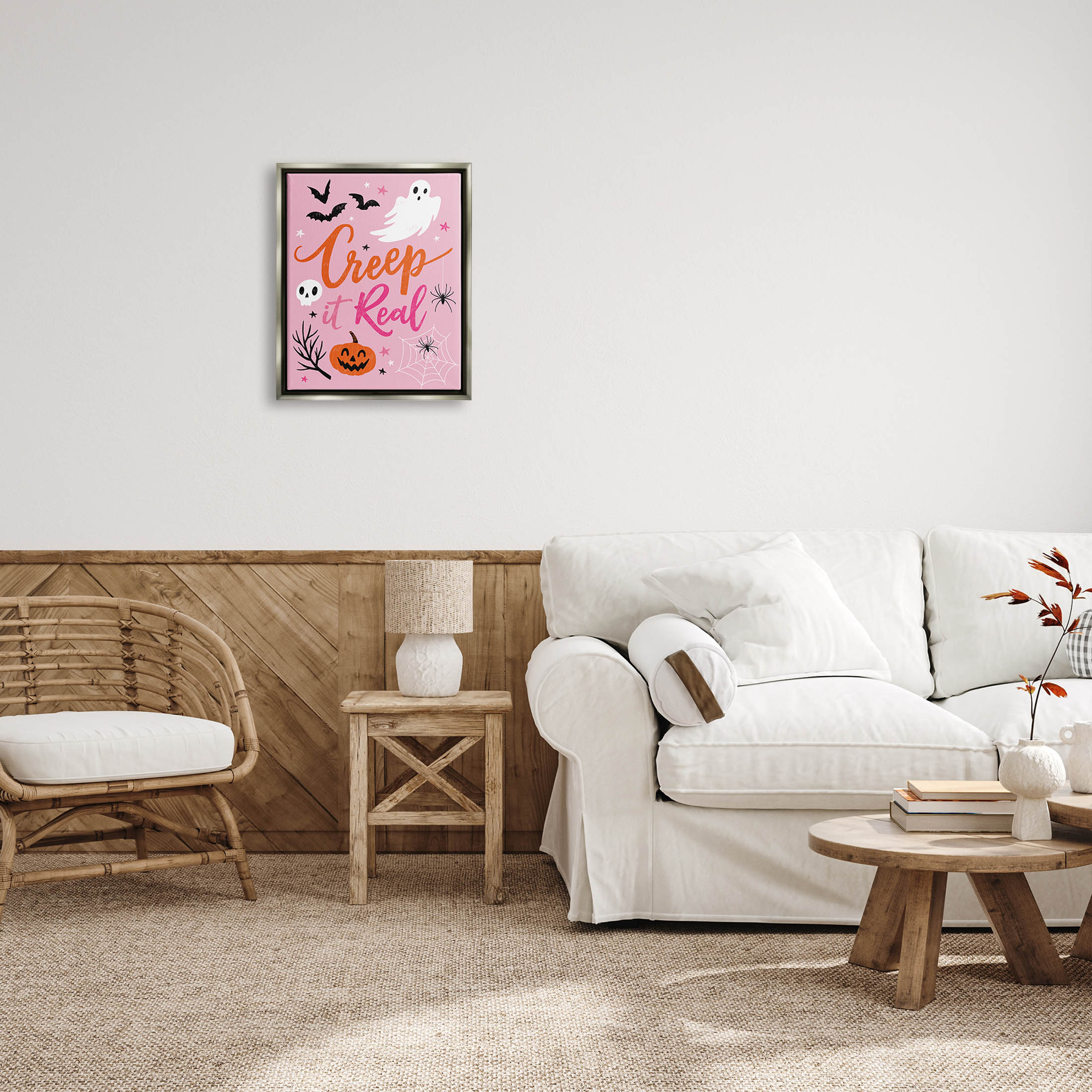 Creep It Real Pink Halloween Phrase Holiday Graphic Art Luster Gray Framed Art Print Wall Art