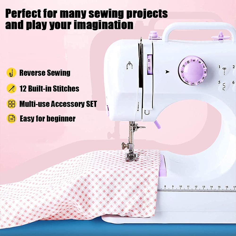 Portable Sewing Machine, 12 Stitches Mini Sewing Machine Handheld Electric Sew Machines for Beginners Kids with LED Light,White
