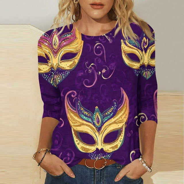 TIMIFIS Hauts de Mardi Gras pour Femmes Grande Taille, Chemises à Manches 3/4 Décontractées Col Rond Imprimé Carnaval T-Shirts de Vacances