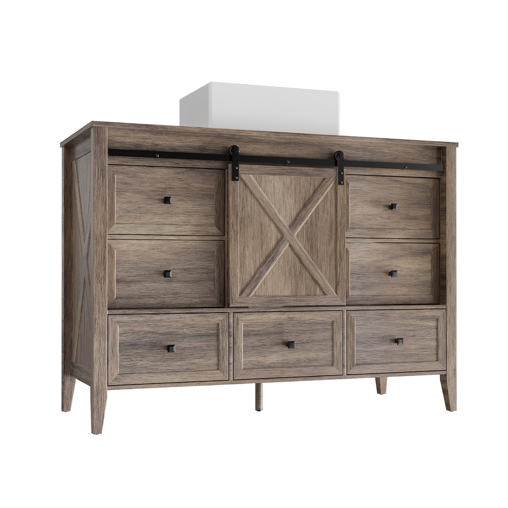 VNN Bathroom Vanity with Sink - 48 Inch Bathroom Vanity with Sink Ceramic, Freestanding Cabinet with Farmhouse Sliding Barn Door and 7 Drawers, Space-Saving Storage Cabinet, Grey Wood Grain Texture