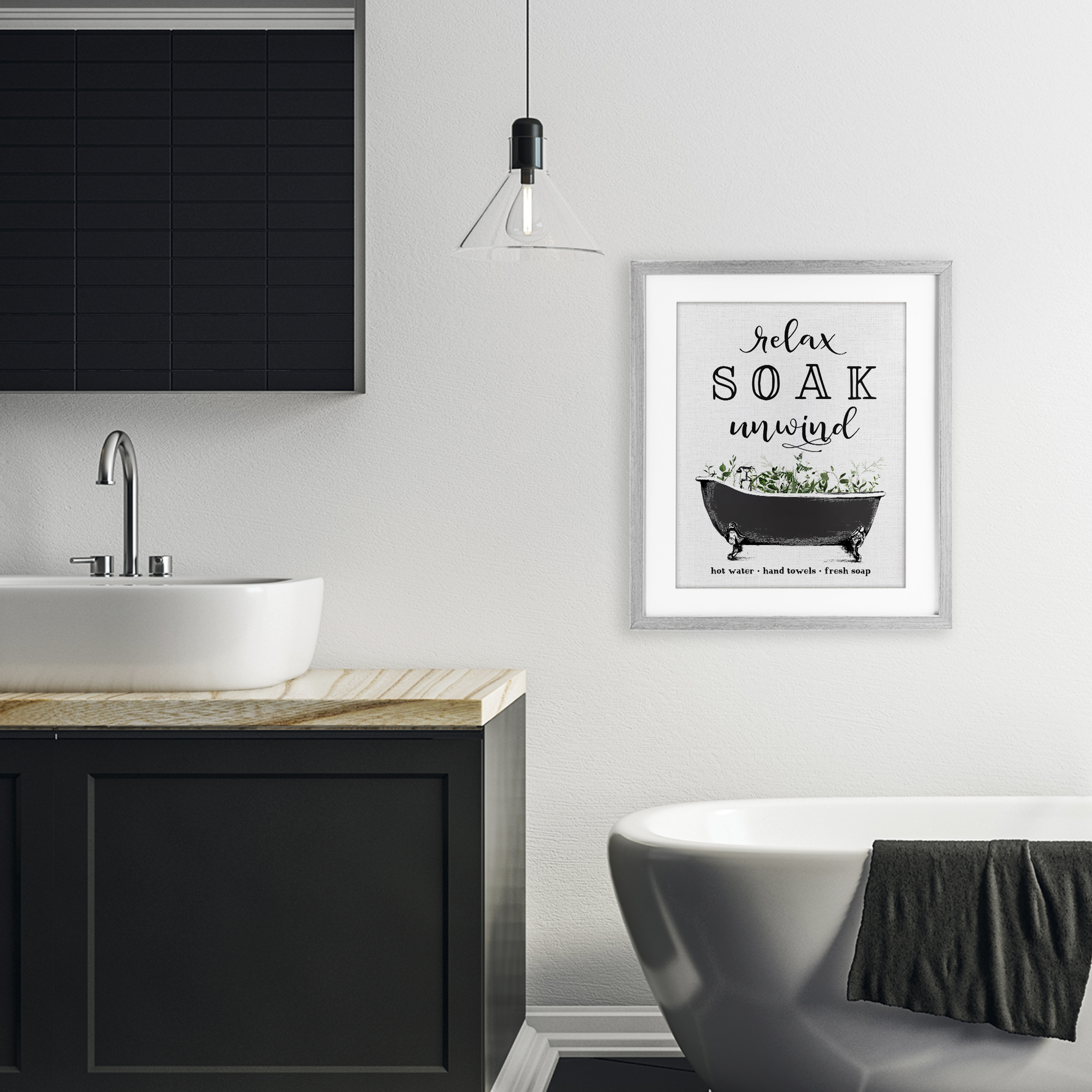 Vintage Bathing Reminders Gray Framed Print Under Glass, design by Lettered and Lined