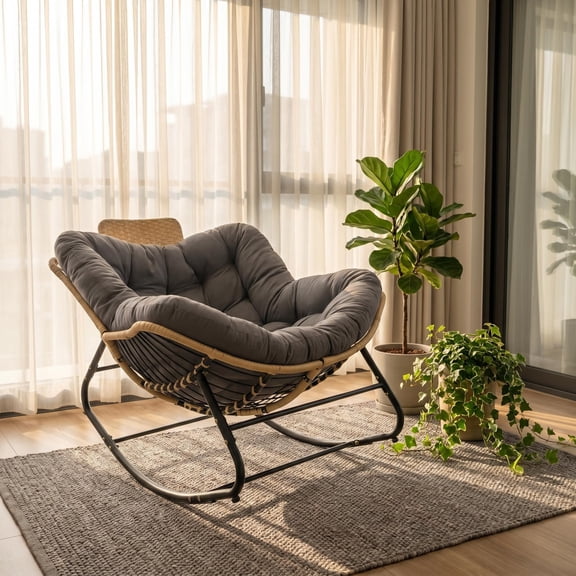 39.37" Rocking Chair Outdoor, Oversized Patio Egg Chair with Thick Cushion And Handwoven Rattan Head Pillow,Indoor Wicker Lounge Rocker Bed for Balcony, Porch, Garden, Dark Grey