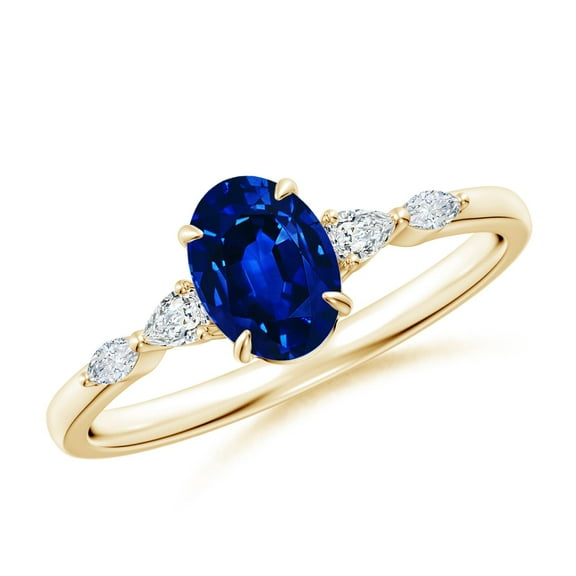 ANGARA Lab Grown Oval Blue Sapphire Side Stone Engagement Ring for Women in 14K Yellow Gold (Size-7x5mm) | September Birthstone, Anniversary, Jewelry Gift for Women | Lab-Grown Blue Sapphire Ring