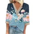 thumbnail image 2 of Weiqiqre Summer Fashion Tops for Women Floral Printed Lace V-Neck 3/4 Sleevet Casual T-shirt Blouse, 2 of 5