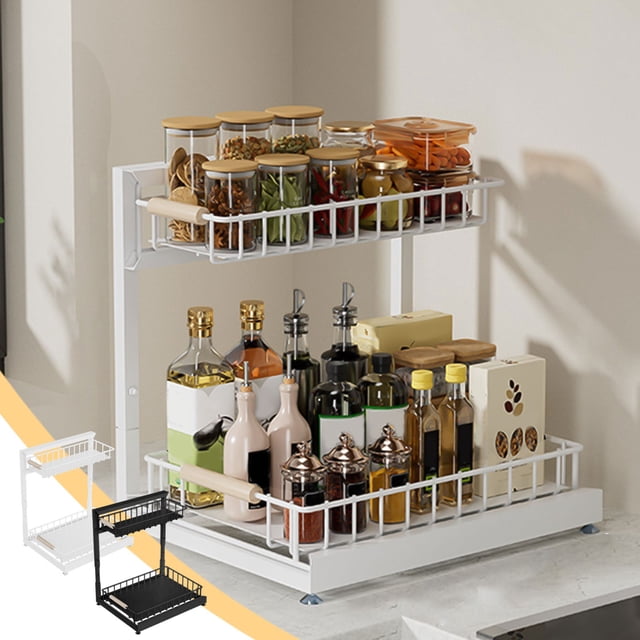 Kadlawus Under $5 ! Kitchen Sink Shelf Adjustable Standing Cabinet Organizer Pull-Out Basket Countertop Storage Spice Rack Heavy Duty Alloy Frame