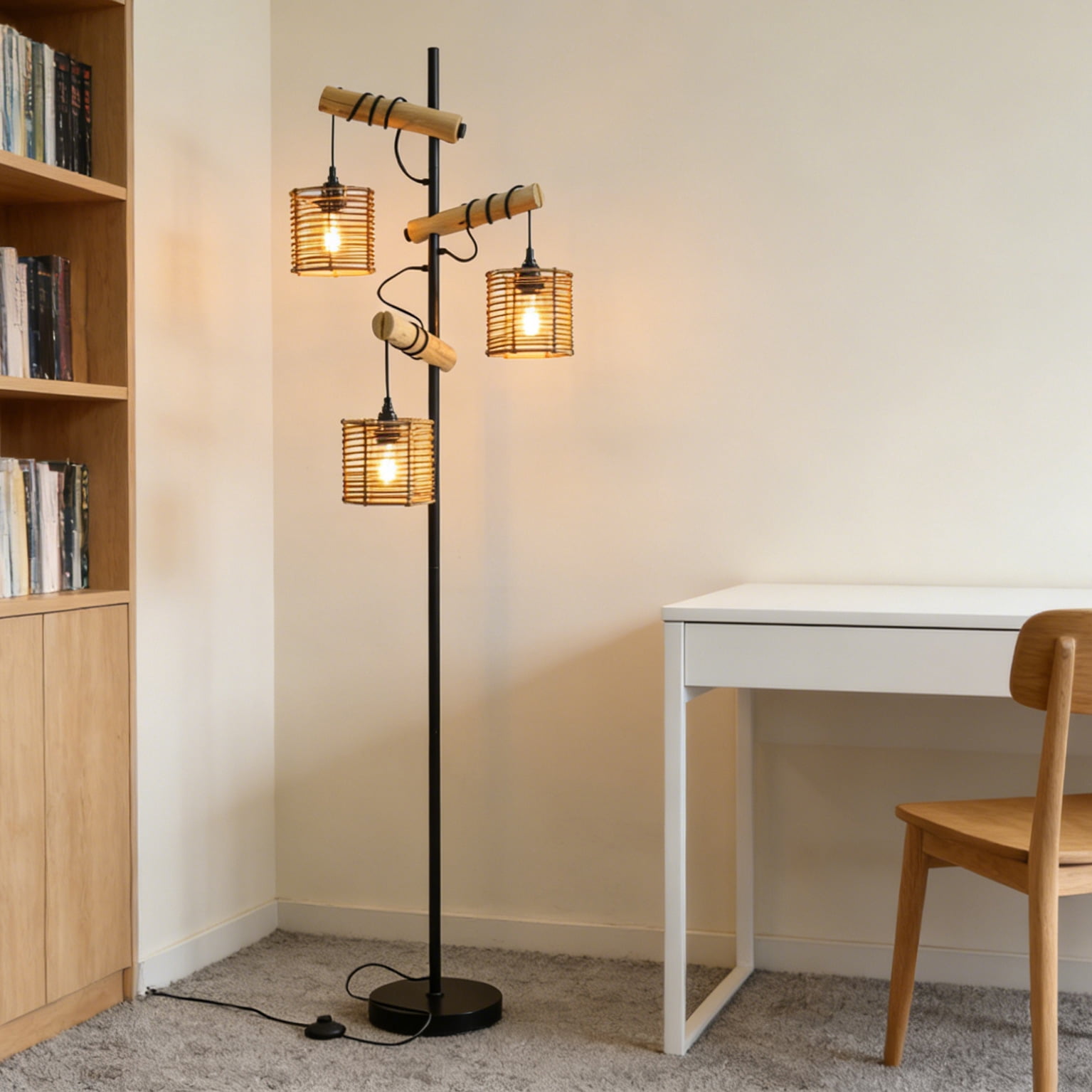 Unique  Tree  Floor Lamp Rattan Shade with  Standing Lamps Decor for Bedroom Living Room Office