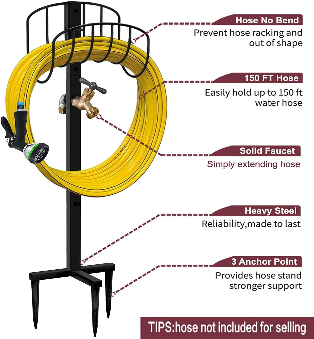 Freestanding Garden Hose Holder Stake with Brass Faucet, Heavy Duty Metal Water Pipe Storage Stand Rack for Outdoor