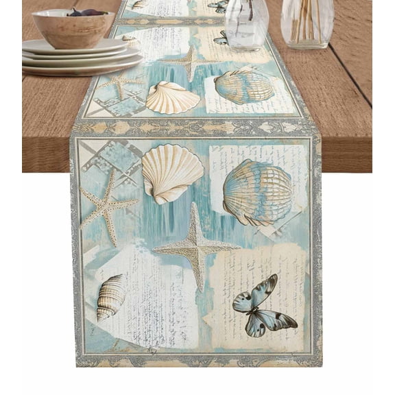 Coastal Table Runner 72 Inches, Butterfly Summer Beach Nautical Conch Starfish Bed Runner Dresser Scarves Tabletop for Indoor Outdoor Parties/Ceremony/Banquet, 16" x 72"