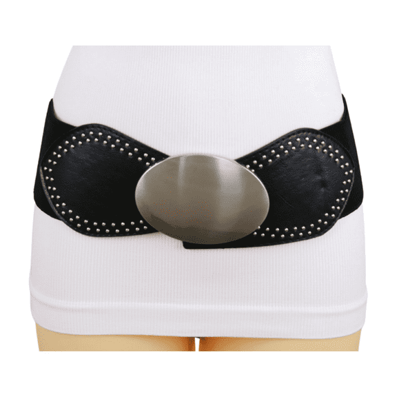 Women Black Faux Leather Elastic Belt Silver Studs Oval Buckle S M