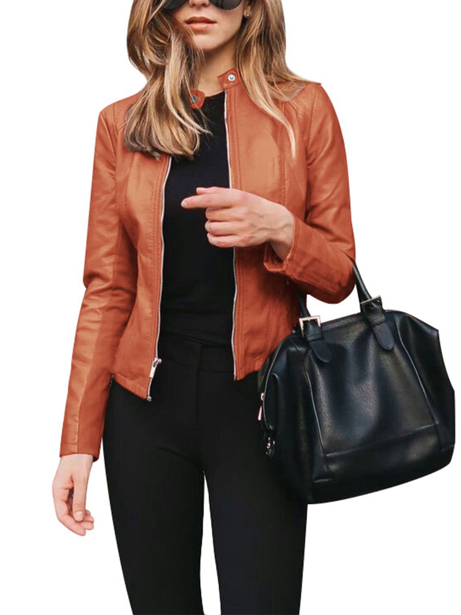 BESDAY Womens Faux Leather Short Moto Jacket Zip-up Slim Biker Coat with Pockets 