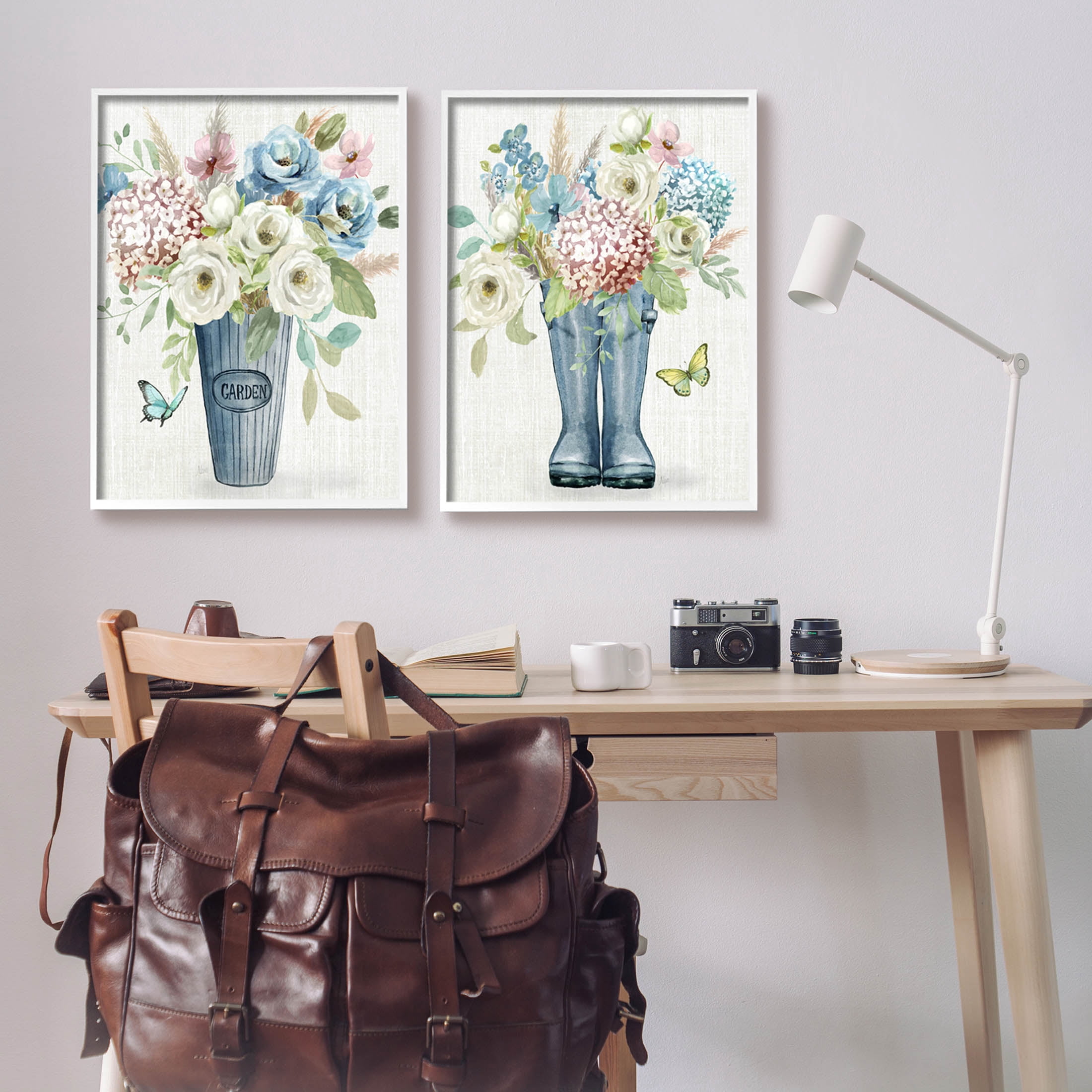 Country Garden Bouquets Rain Boots Botanical & Floral Graphic Art White Framed Art Print Wall Art, Set of 2