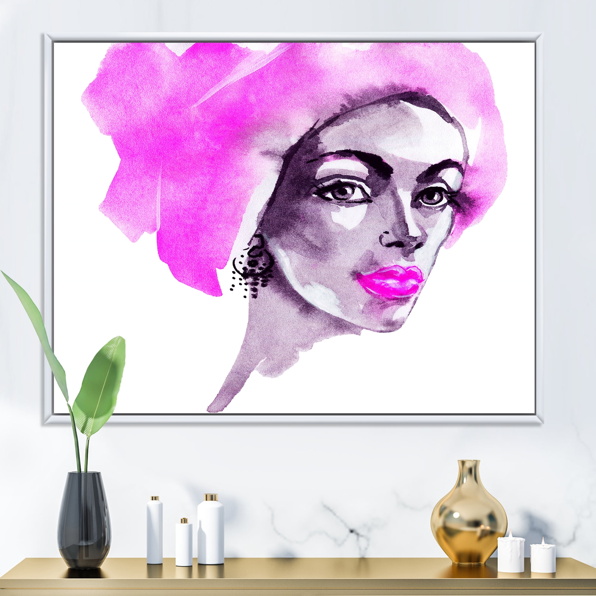 Designart 'Afro American Pink Woman Fashion Portrait' Modern Framed Canvas Wall Art Print