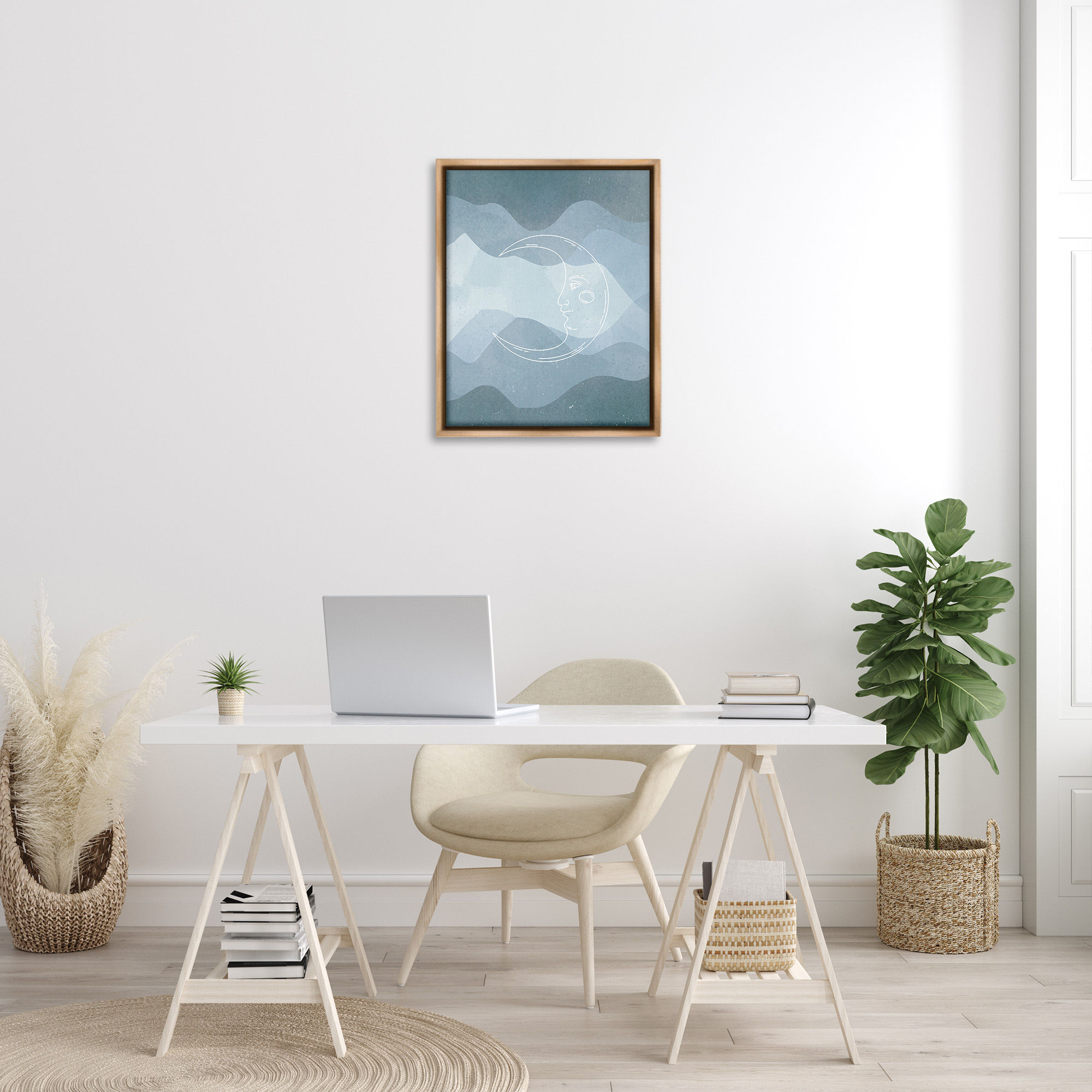 Stupell Industries Blue Astral Moon Landscape Painting Brown Floater Framed Canvas Art Print Wall Art, 25 x 31