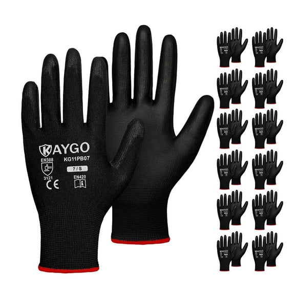 KAYGO Gants de Sécurité, 12 Paires, Gants en Tricot Sans Couture Enduits de PU pour Hommes et Femmes (S, Noir)