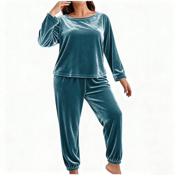 Maplenight Plus Size Pajamas for Women Sets Thermal Soft Velvet Sleepwear Long Sleeve Pjs Tops & Elastic Waist Joggers 2 Piece Velour lounge Set