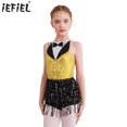 thumbnail image 2 of Niños Niñas lentejuelas brillantes Ballet ajustado Leotardos de baile de Jazz mono borla esmoquin gimnasia patinaje artístico disfraz, 2 of 5