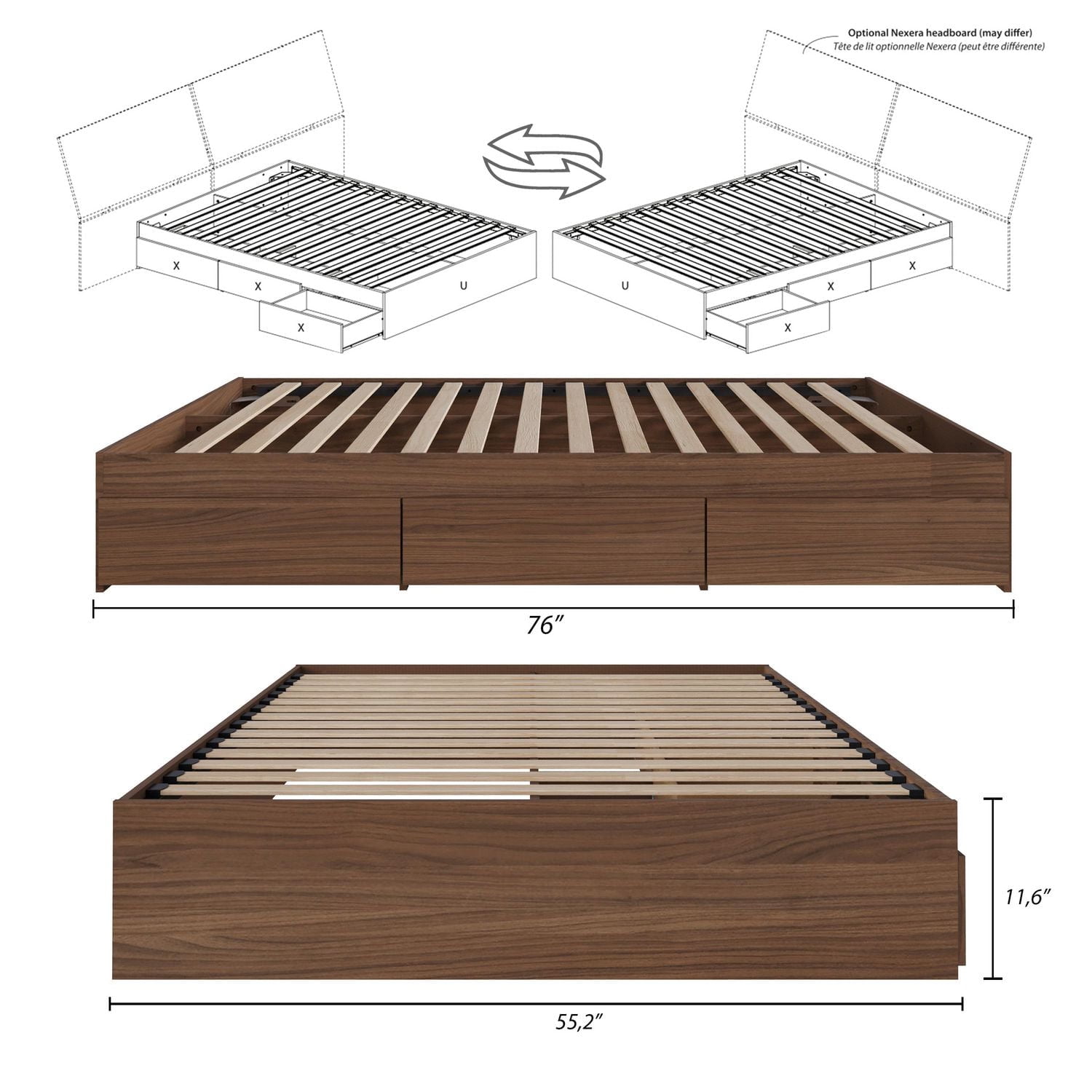 Nexera Alibi 3 Drawer Storage Bed, Walnut