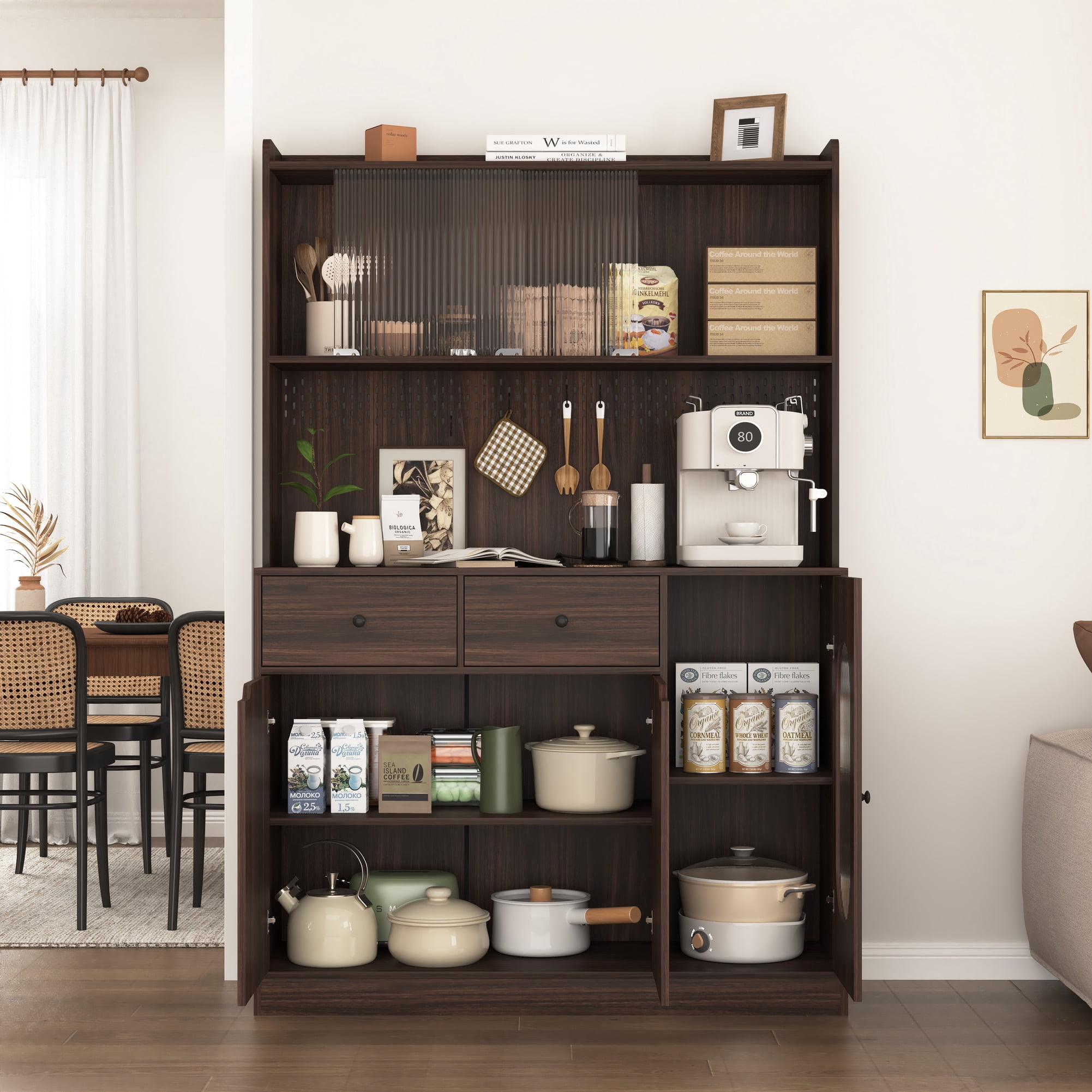 Noble House 71" Tall Kitchen Pantry Storage Cabinet with Microwave Stand, Reeded Glass Doors, Walnut