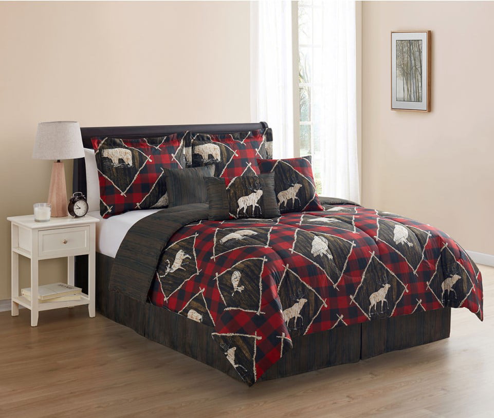 RED GRAY FULL SIZE WOODLAND LODGE DEER & PLAID CABIN THEMED SHEET SET 