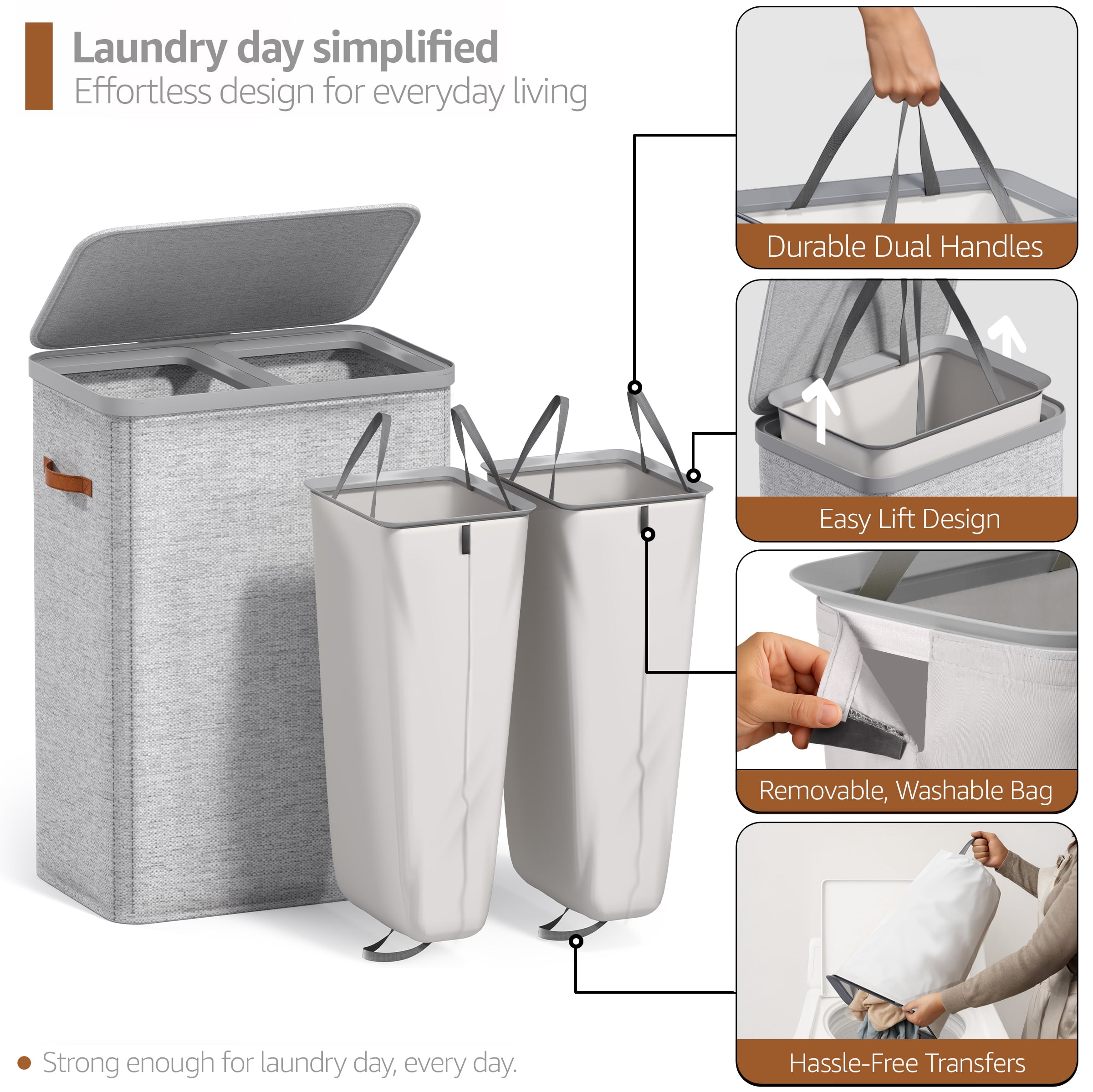 Sorbus Collapsible Fabric Laundry Hamper with Removable Bag, 2-Compartment, Gray