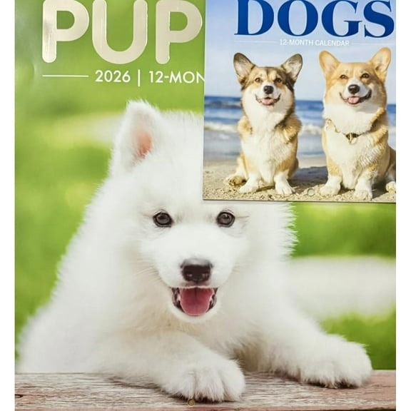 Puppies and Dogs 2026 12-Month Wall Calendar and Desk Calendar Set, 2 Pack