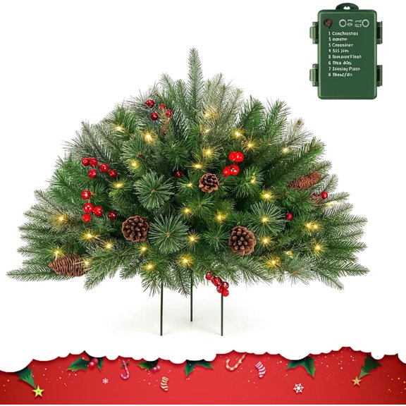 Artificial Christmas Tree Urn Filler - Lighted Holiday Planter Filler, Outdoor Christmas Tree with Tripod Stake with 60 LED Lights for Porch, Yard, Garden