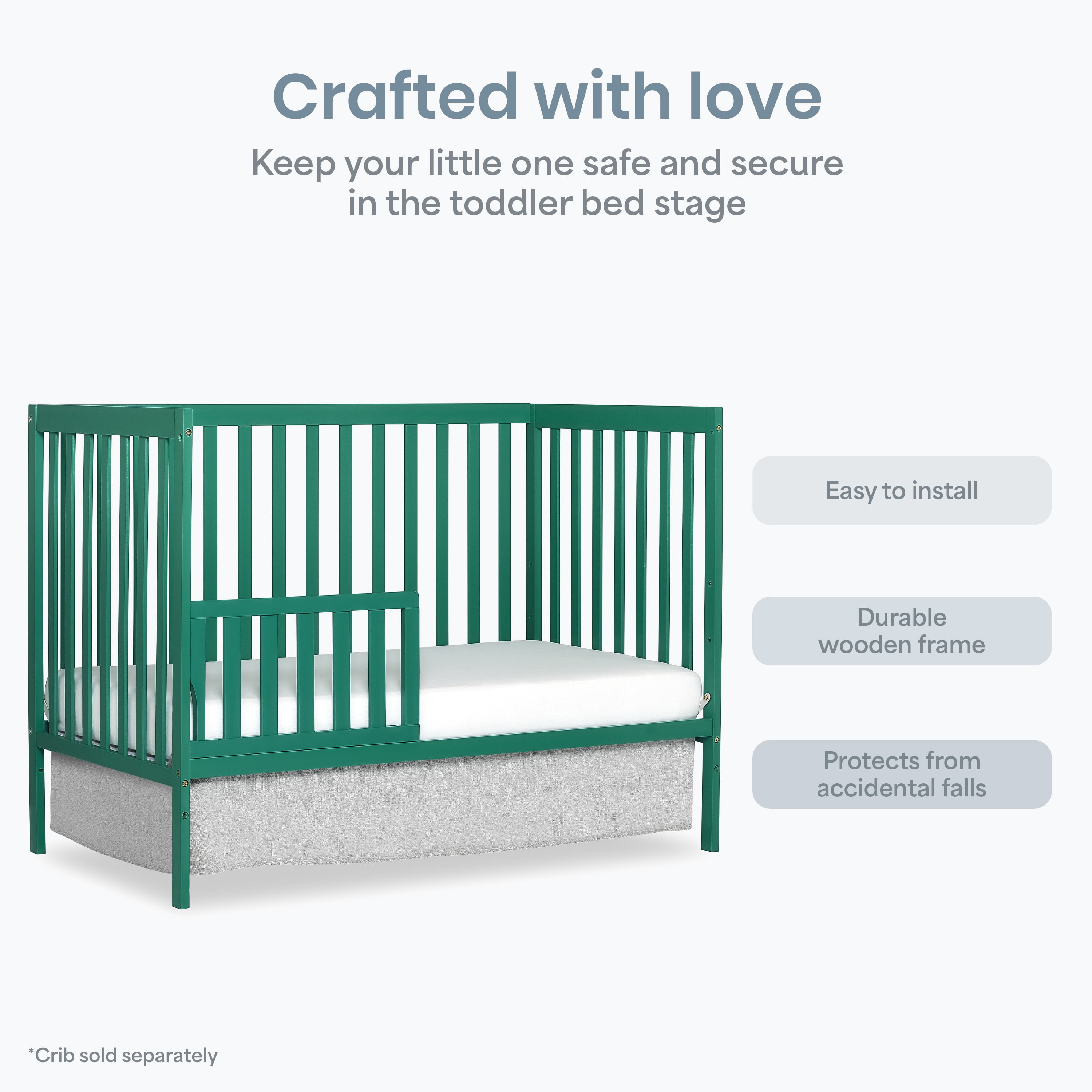 Dream On Me Convertible Crib Toddler Guard Rail in Emerald, Converts Cribs to Toddler Beds