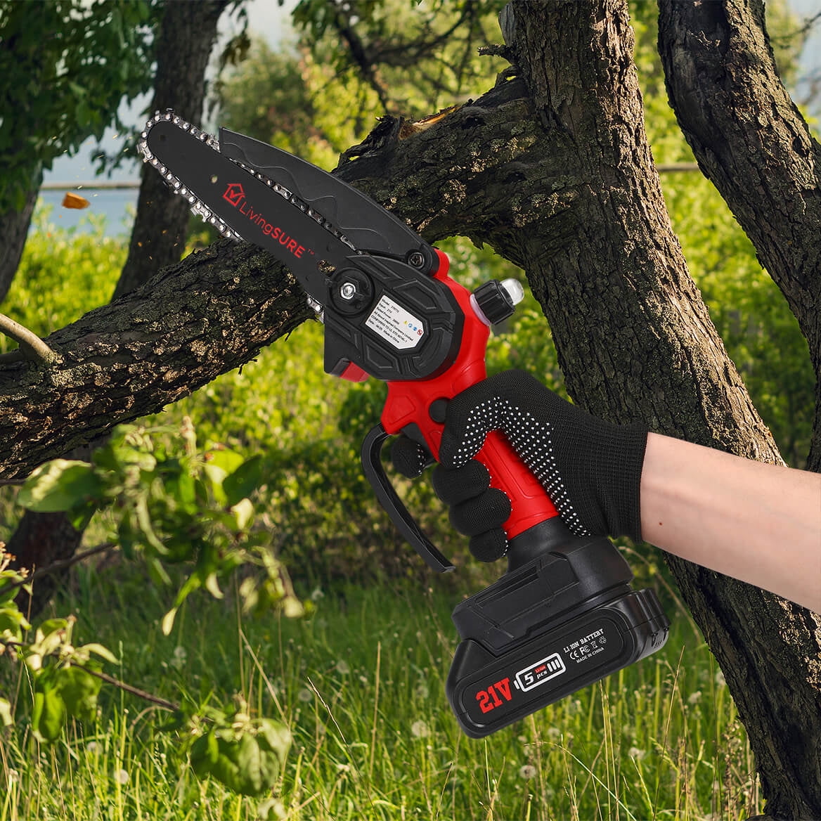LivingSURE Mini Cordless Rechargeable Chainsaw Kit – 21V Handheld Electric Saw with 2 Batteries, Safety Features & Accessories – Lightweight 6" Bar for Tree Trimming, Firewood & Garden DIY Tasks