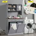 thumbnail image 4 of KIGOTY Kitchen Trash Cabinet, Double Tilt Out Trash Can Cabinet with Countertop and Drawer, Free-Standing Pet Proof Recycling Cabinet Garbage Can Holder (67"H,Gray), 4 of 7