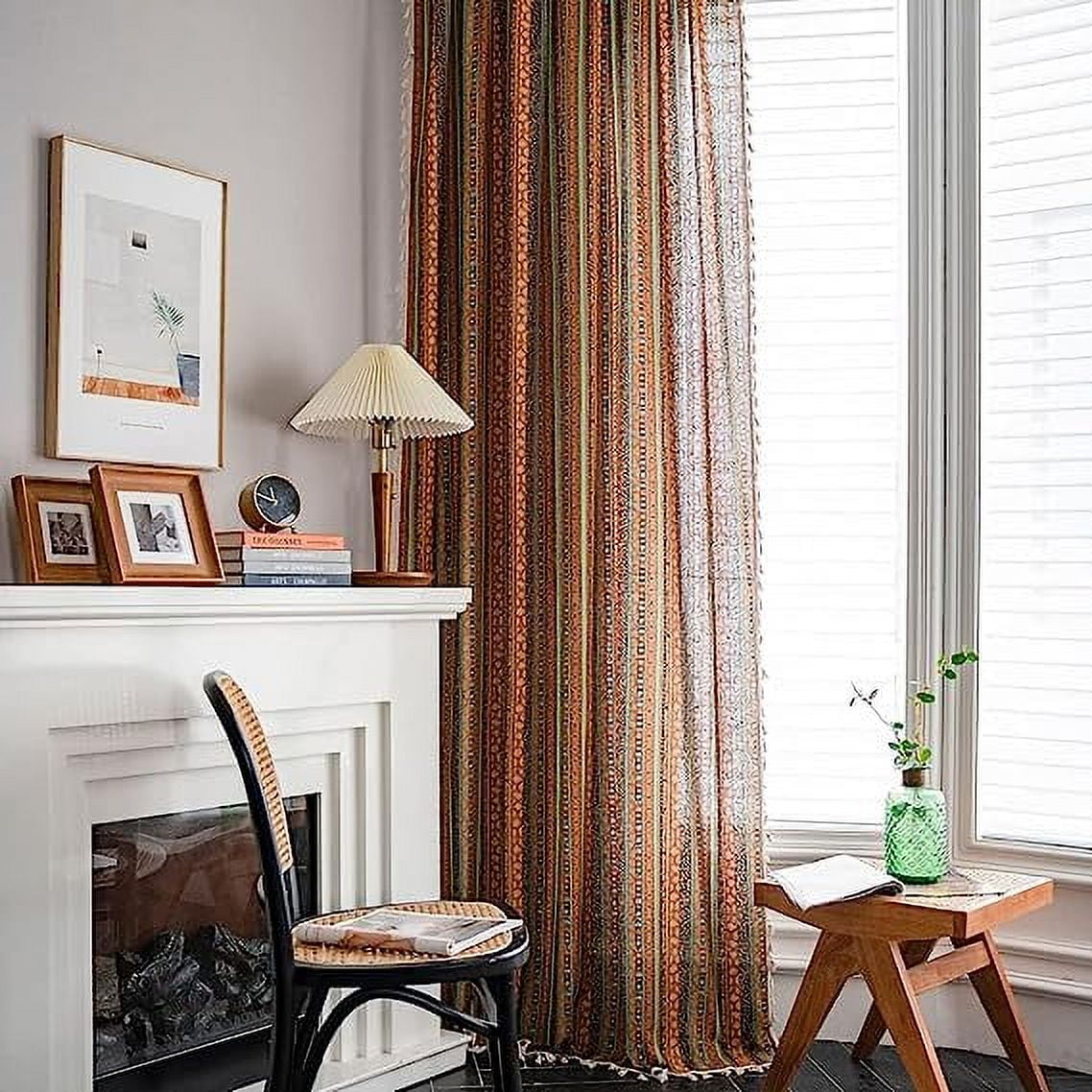 Nvzi-a Bohemian Striped Print Cotton Linen Window Curtain Panel with Lace Rod Pocket Colorful Patterned Room Darkening Drapes, 1 Piece (59"x87",Yellow)