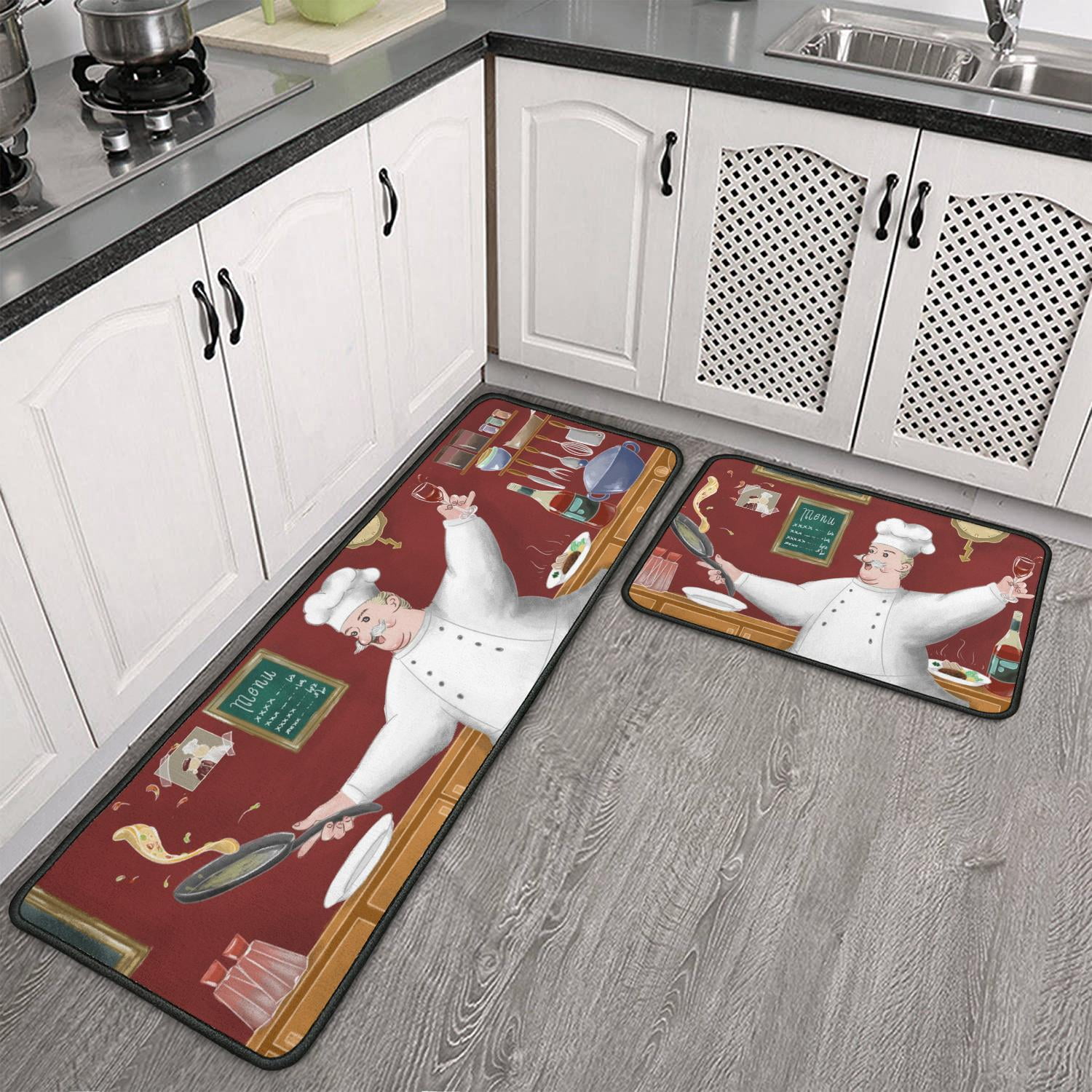 Chef Kitchen Rugs Set 2Pcs Non Slip Kitchen Floor Rug and Mat Cushioned
