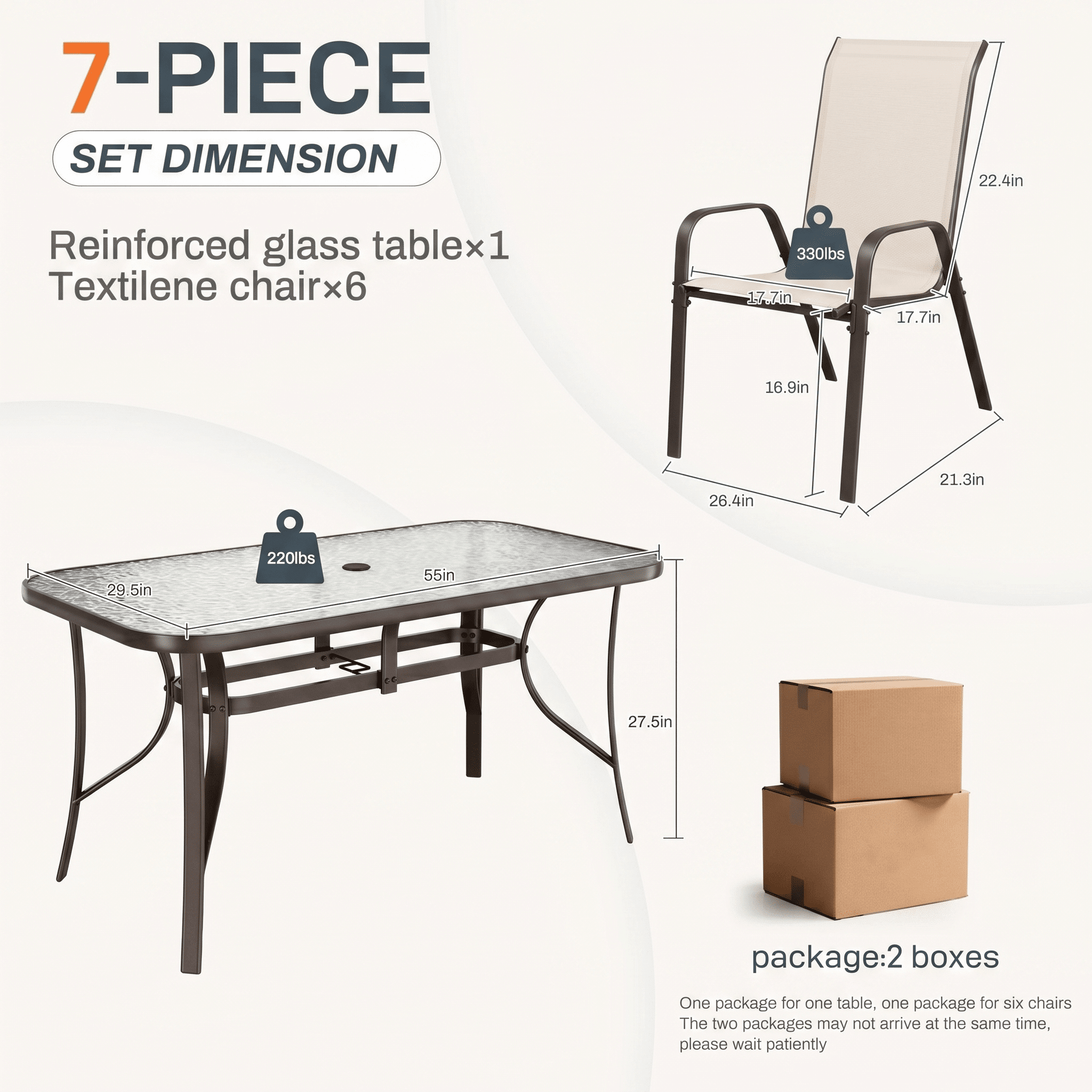 TLSUNNY Outdoor Patio Table and Chairs Set, Rectangular Glass Dining Table W/ Umbrella Hole & 6 Stackable Chairs, for Lawn, Poolside, Backyard (Umbrella Not Included)